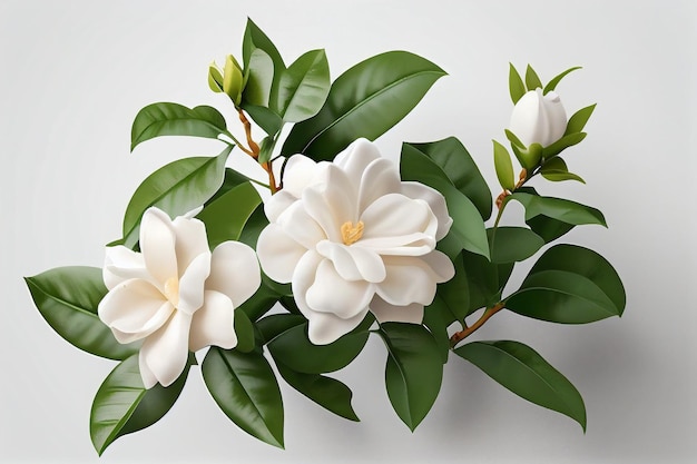 A painting of a white flower with green leaves