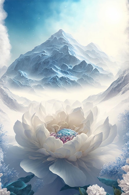 Painting of a white flower with mountains in the background generative ai