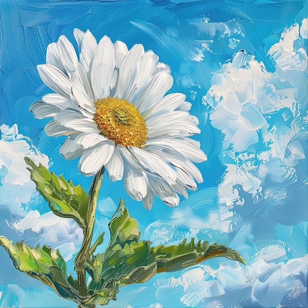 Foto dipinto di un fiore bianco con un centro giallo contro un cielo blu