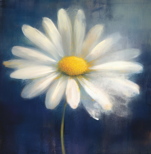 Foto dipinto di un fiore bianco con centro giallo su uno sfondo blu generativo ai