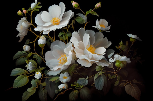 A painting of white flowers on a black background Generative ai