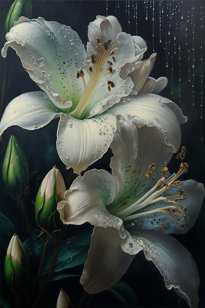 Painting of white flowers on a black background generative ai