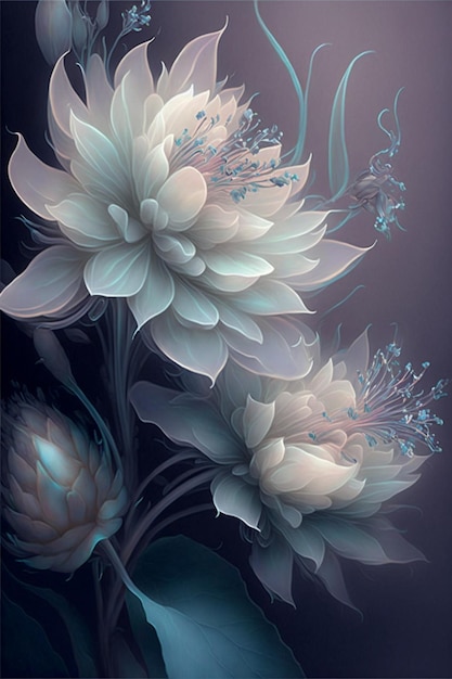 Painting of white flowers on a black background generative ai