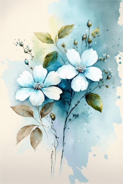 Painting of white flowers on a blue background generative ai