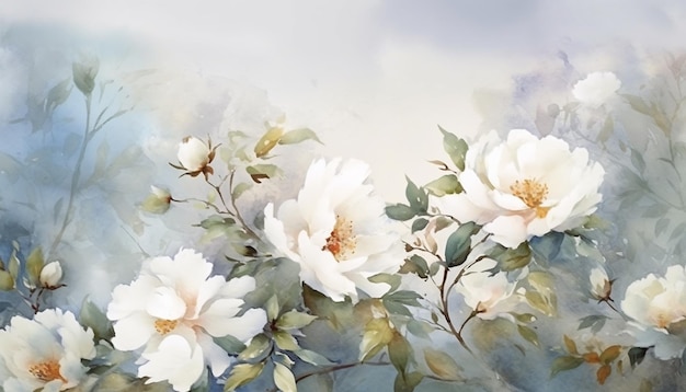 Painting of white flowers on a blue background with a sky background generative ai