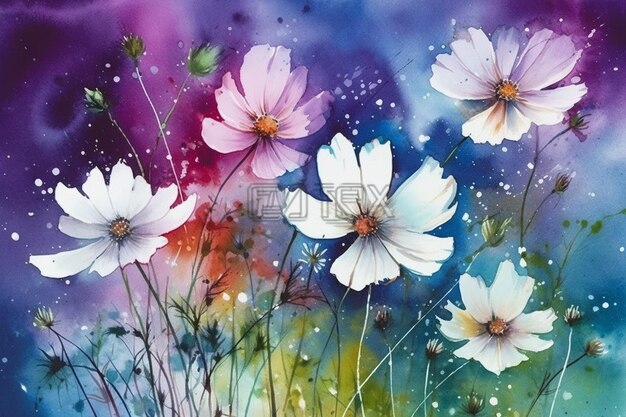 A painting of white flowers on a colorful background