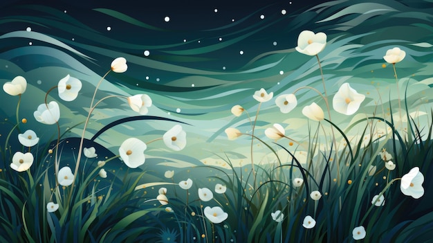 A painting of white flowers in a field ai image