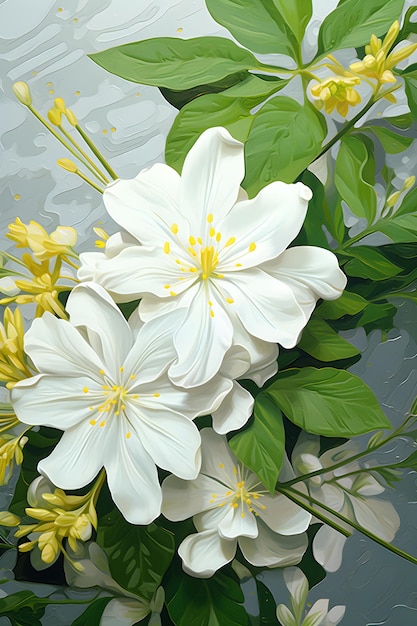 a painting of white flowers and green leaves Gouache Painting of a Lime color flower Perfect for