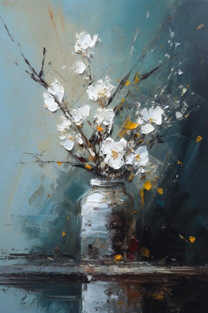 A painting of white flowers in a vase with yellow spots.