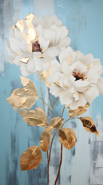 a painting of white flowers with gold leaves Acrylic Painting of a Teal color flower Perfect for