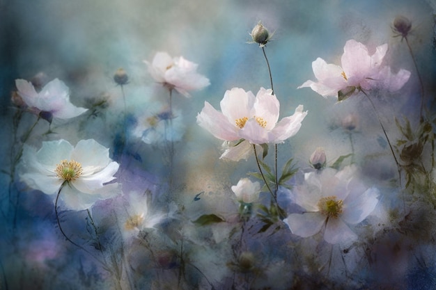 A painting of white flowers with the word love on it