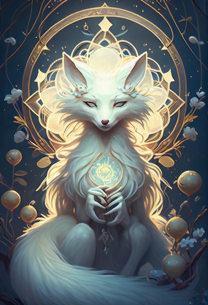 Painting of a white fox holding a crystal ball generative ai