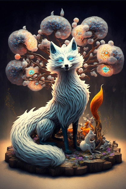Painting of a white fox with blue eyes generative ai