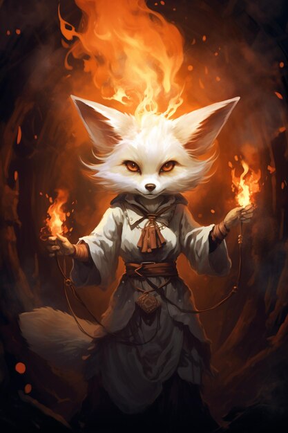 Painting of a white fox with a flame in its hand generative ai