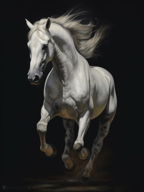 Painting of a white horse running in the dark generative ai