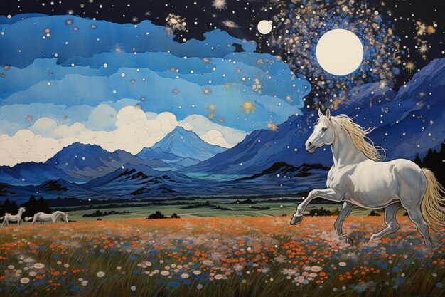 Painting of a white horse running in a field of flowers generative ai