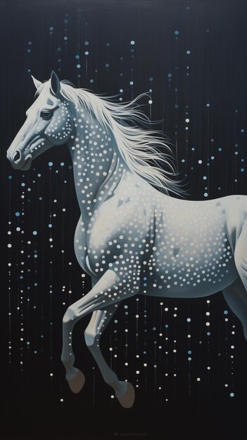 painting of a white horse running in the rain with dots on it generative ai