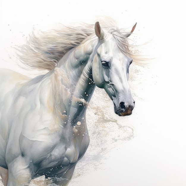 Painting of a white horse running in the water with a splash of water generative ai