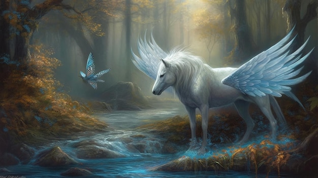 A painting of a white horse with a blue wings and a bird in the background.