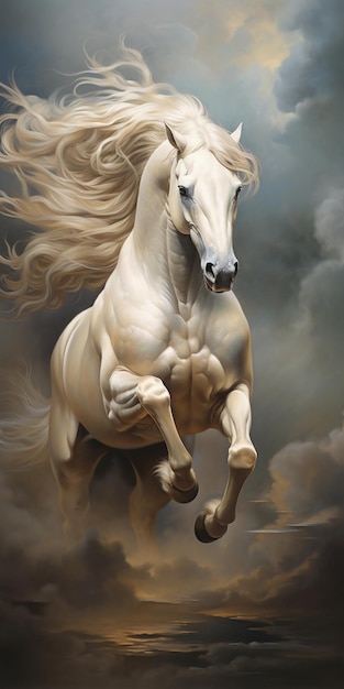 Картина белой лошади с длинной гривой, бегущей по небу.