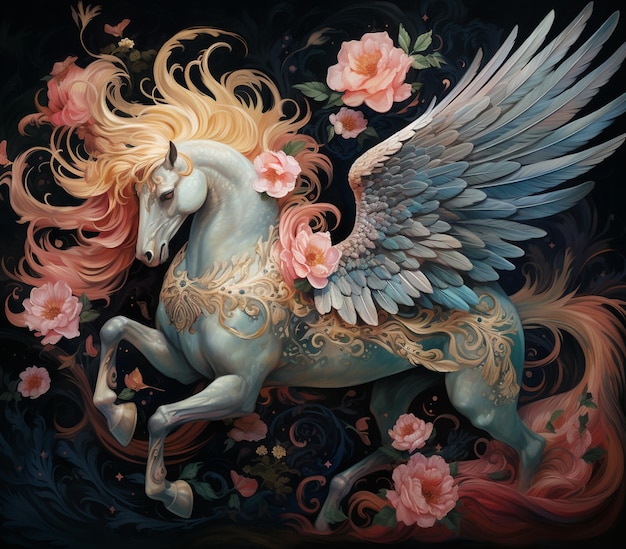 Painting of a white horse with wings and flowers on a black background generative ai