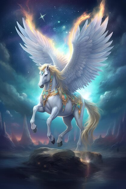 painting of a white horse with wings flying over a body of water generative ai