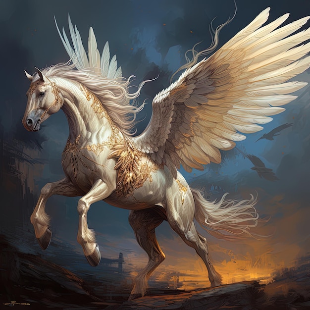 Photo a painting of a white horse with wings that has wings that say wings