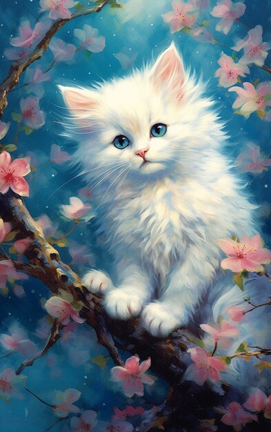 Painting of a white kitten sitting on a branch of a tree generative ai