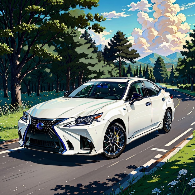 A painting of a white lexus is on the road.