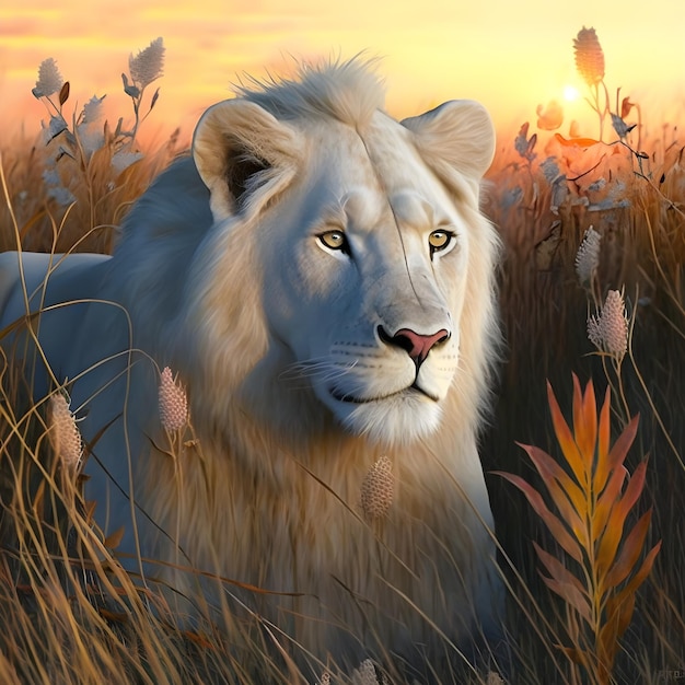 A painting of a white lion in tall grass.