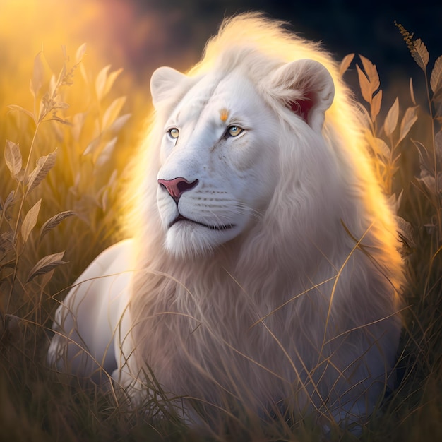 A painting of a white lion with a yellow background.