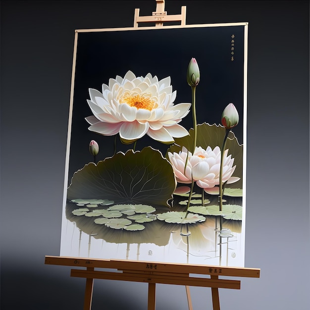 A painting of a white lotus flower is on a easel.