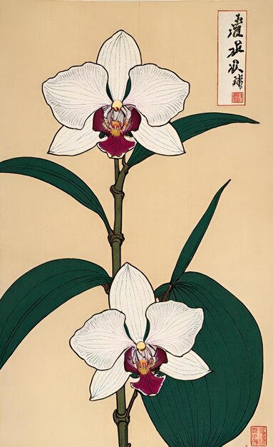 a painting of a white orchid with the word  h k  on it