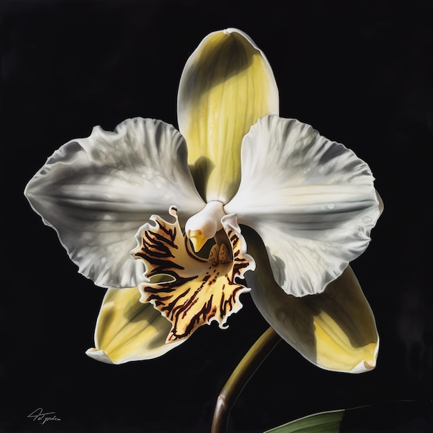 A painting of a white orchid with a yellow and white flower.