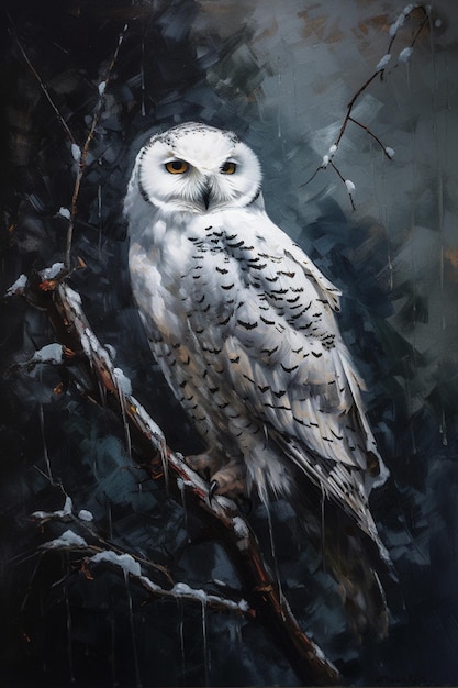 Painting of a white owl sitting on a branch in the snow generative ai