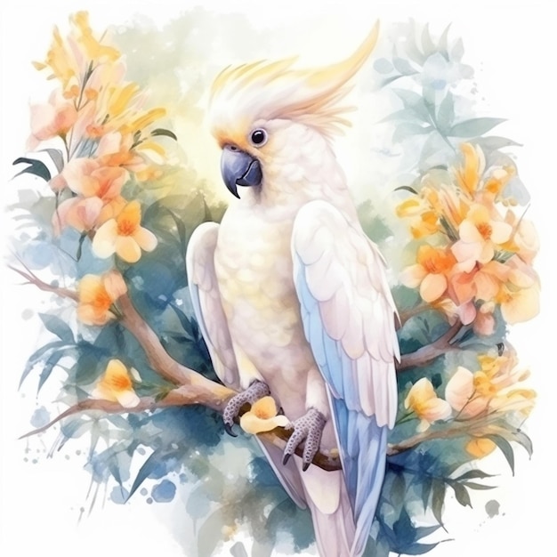 Картина белого попугая, сидящего на ветке дерева