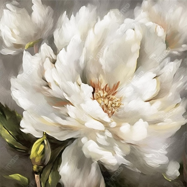 A painting of a white peony with a bud on it.