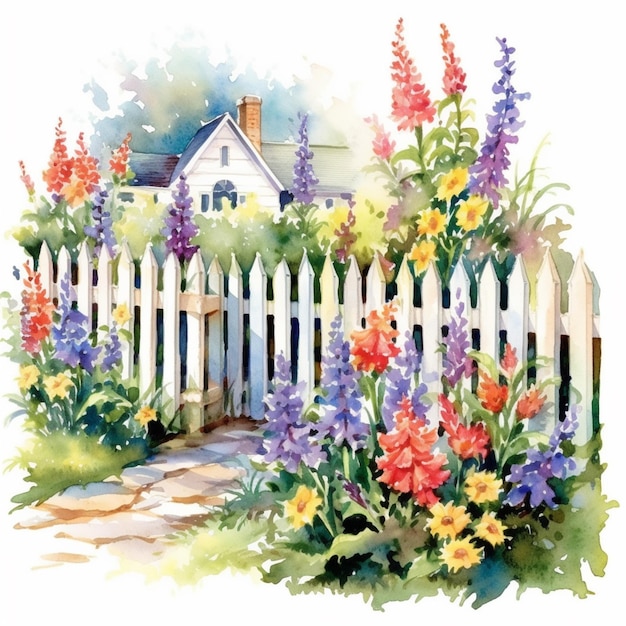 painting of a white picket with flowers and a house in the background generative ai