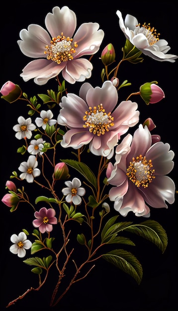 Картина из белых и розовых цветов на черном фоне генеративный ai