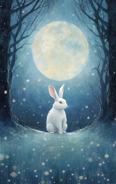 Foto dipinto di un coniglio bianco seduto in una foresta con una luna piena generativa ai