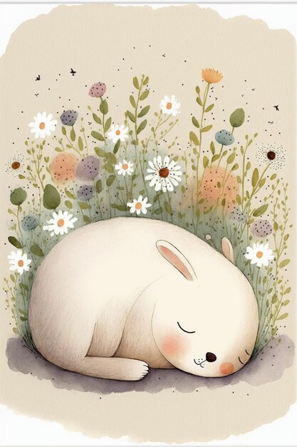 Painting of a white rabbit sleeping in a field of flowers generative ai