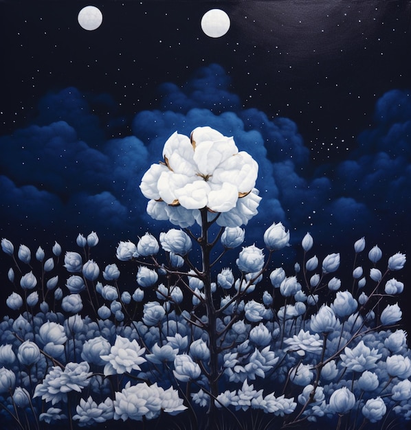 Painting of a white rose in a field of cotton under a full moon generative ai