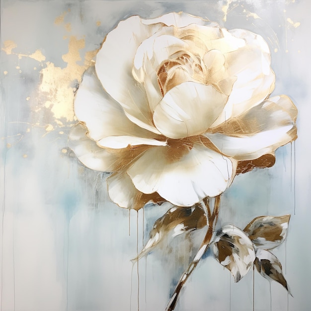 painting of a white rose with gold leaves on a blue background generative ai