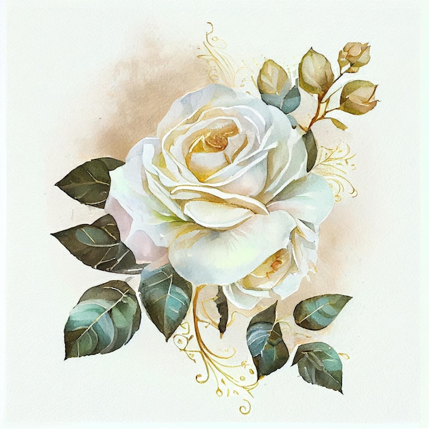 A painting of a white rose with green leaves and a green stem.