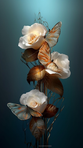 A painting of white roses with a butterfly on it