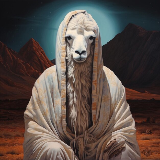 Картина белой овцы в одеяле, сидящей в пустыне.