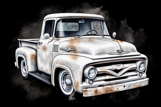 A painting of a white and silver ford truck.