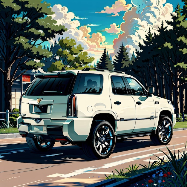 A painting of a white suv