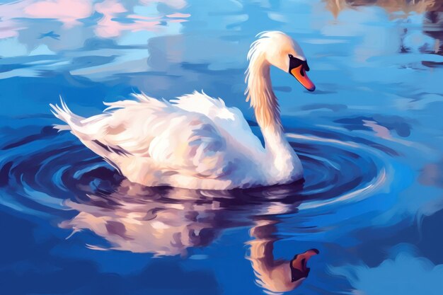 A painting of a white swan swimming in a lake Generative AI image