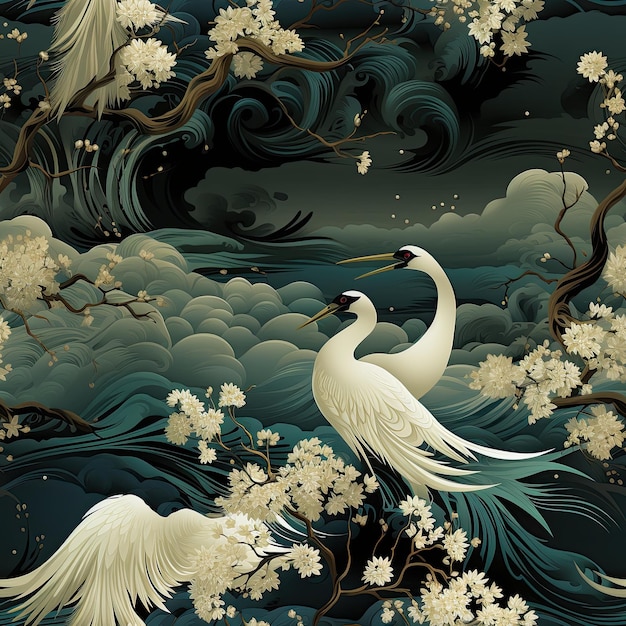 a painting of a white swan with a blue ribbon and flowers